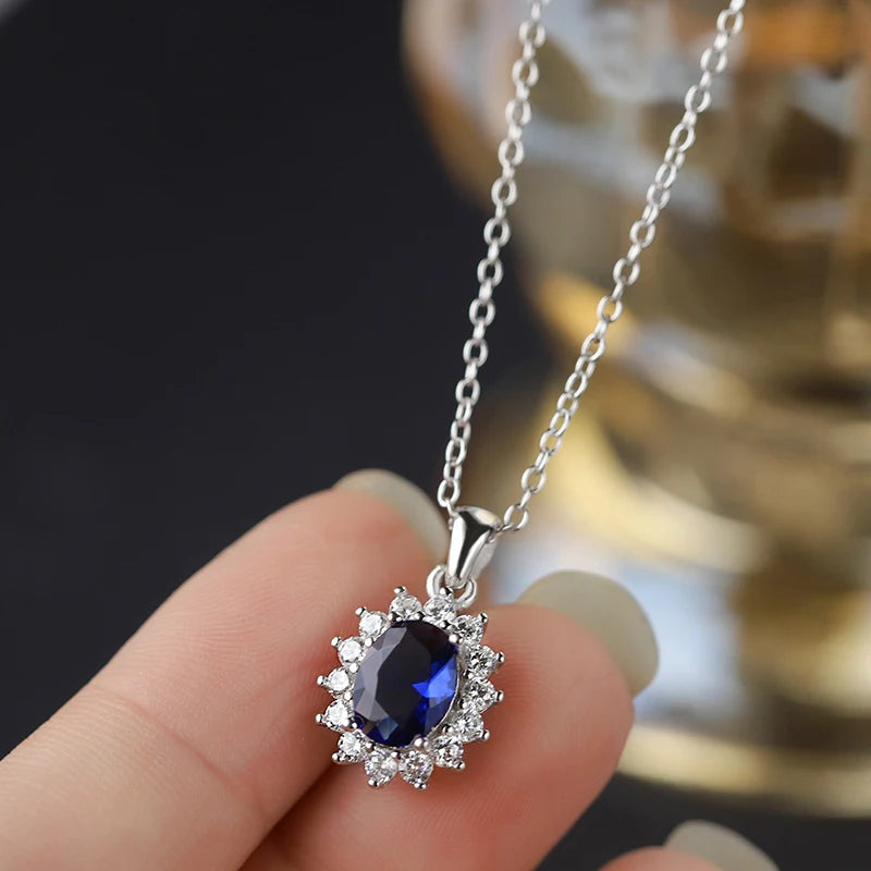 Collar de Plata 925 con Zafiro Azul Ovalado y Halo de Cristales