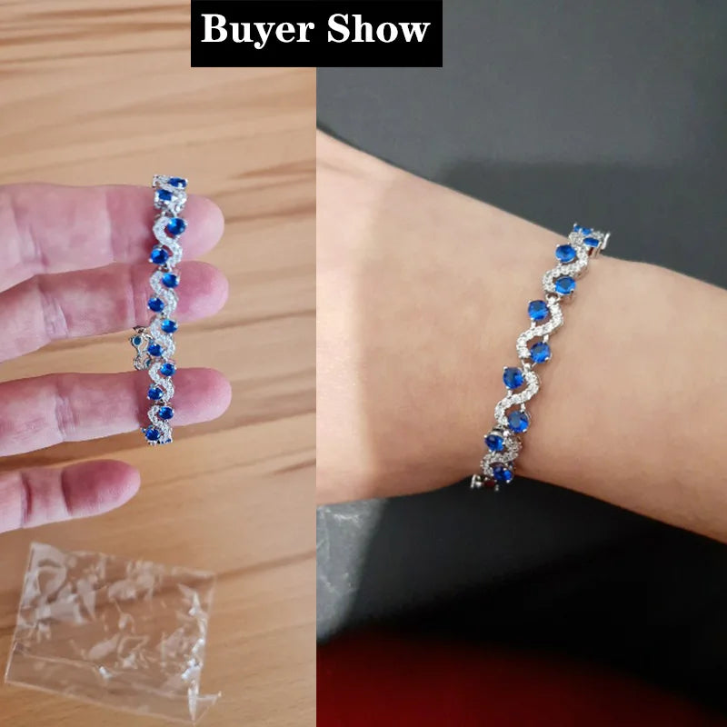 Pulsera Elegante de Plata con Piedras Azules y Cristales Brillantes